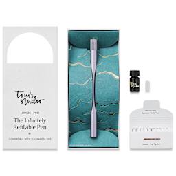 Tom's Studio Lumos Pro Refillable Single Tip Pen - Lilac, pen in packaging and contents laid out