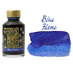 Diamine Shimmer Fountain Pen Ink - Blue Flame, 50 ml bottle and swatch