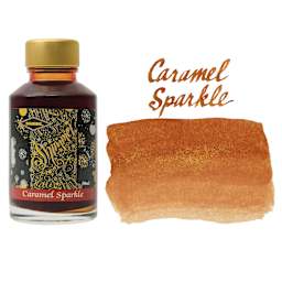 Diamine Shimmer Fountain Pen Ink - Caramel Sparkle, 50 ml bottle and swatch