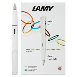 Lamy Safari Multi Ring Fountain Pen Set - White, Medium Nib, pen and packaging