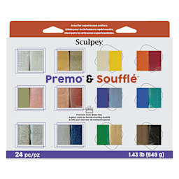 Sculpey Premo and Souffle Multipack - Metallic and Glitter Faux Suede, Set of 24 front of packaging