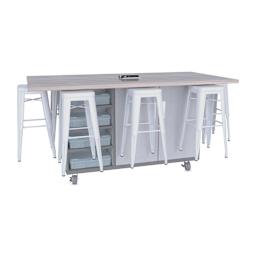 CEF Ed8 Work Table with Stools, 42"H table with white stools and Folkstone Hex finish.