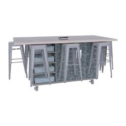 CEF Ed8 Work Table with Stools, 36"H table with silver stools and Paint Scrape Steel finish.
