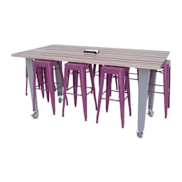 CEF Idea Island Work Table, 42" high with 8 purple stools. 