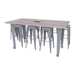 CEF Idea Island Work Table, 42" high with 8 silver stools.