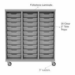 WB Mfg Tote Storage Cabinet - Folkstone Gray Laminate, 30 Clear Totes, 3" casters