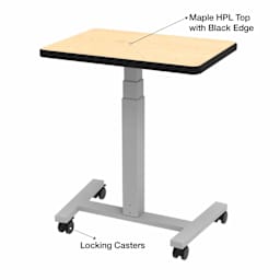 WB Mfg Elevate Plymouth Desk Maple HPL top with black edge. Locking casters at base.
