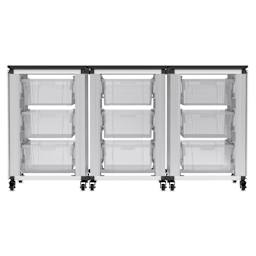 Modular Storage Cabinet, front view of the 3 side-by-side module with 9 large bins.