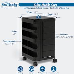 Multipurpose, Rolling Storage Cart with a Glass Top. Height 25". Width 13.75" Depth 14.5" Compartments 13.5" x 3". Drawers 7.5" x 13" x 2.75" H. 50 lbs. Painting. Storage. Multipurpose. 5 min, easy assembly.