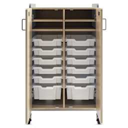 Safco Whiffle Typical 14 Double Storage Cart - Gray, double doors opened showing totes and shelves