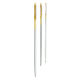 Tulip Needle Company Beading Needles - Tapestry, three needles outside of the packaging