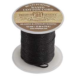Hemptique Waxed Cotton Cord, spool of black cord standing upward