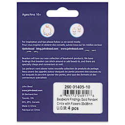 John Bead Beadwork Charms - Gold Flower, Pkg of 4, back of package
