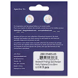 John Bead Beadwork Charms - Gold Partly Flattened Circle, Pkg of 3, back of package