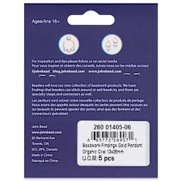 John Bead Beadwork Charms - Gold Organic Oval, Pkg of 5, back of package