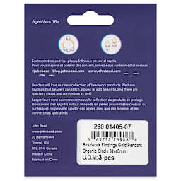 John Bead Beadwork Charms - Gold Organic Circle, Pkg of 3, back of package