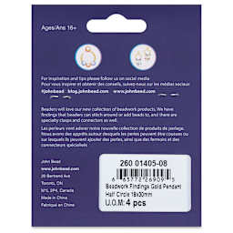 John Bead Beadwork Charms - Gold Half Circle, Pkg of 4, back of packaging