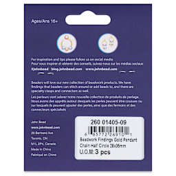 John Bead Beadwork Charms - Gold Chain Half Circle, Pkg of 3, back of package