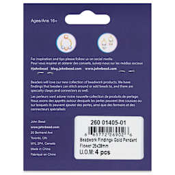 John Bead Beadwork Charms - Gold Circle Flowers, Pkg of 4, back of package
