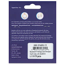 John Bead Beadwork Charms - Gold Heart, Side Link, Pkg of 5, back of package