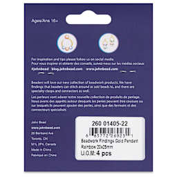John Bead Beadwork Charms - Gold Rainbow, Pkg of 4, back of package