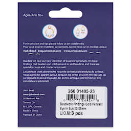 John Bead Beadwork Charms - Gold Eye in the Sun, Pkg of 3, back of package