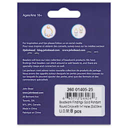 John Bead Beadwork Charms - Gold Circle, 2 holes, Pkg of 8, back of package