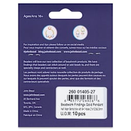 John Bead Beadwork Charms - Gold Half Moon, 10 holes, Pkg of 10, back of package