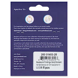 John Bead Beadwork Charms - Gold Half Moon, 11 holes, Pkg of 6, back of package
