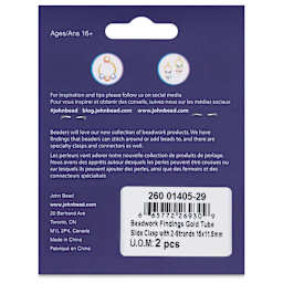 John Bead Beadwork Charms - Gold Tube, 2 Strands, Pkg of 2, back of packaging