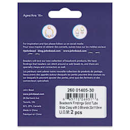 John Bead Beadwork Charms - Gold Tube, 3 Strands, Pkg of 2, back of package