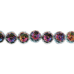 John Bead Czech Pressed Glass Flower Bead Strand - Sliperit on Aqua, 9 mm