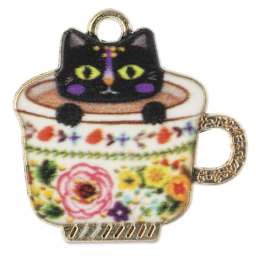 John Bead Sweet & Petite Enamel Charm - Teacup Kitten, Black with Multicolor Teacup showing single charm