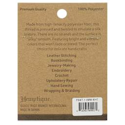 Hemptique Silky Smooth Waxed Thread - White, 1 mm, 25 yds - back of packaging