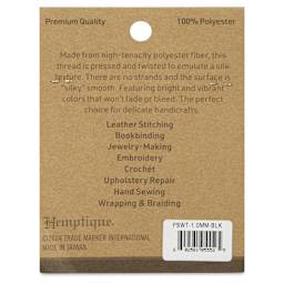Hemptique Silky Smooth Waxed Thread - Black, 1 mm, 25 yds - back of packaging