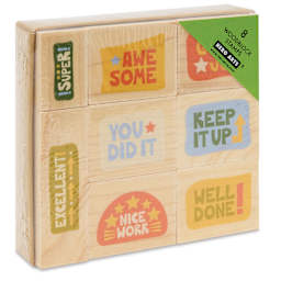 Hero Arts Woodblock Teacher Stamps Set - Set of 8, Nice Work packaging angled view