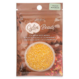 John Bead Cylin 11/0 Glow in the Dark Cylindrical Seed Beads - Gold Yellow AB, 25g front of packaging