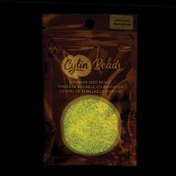 John Bead Cylin 11/0 Glow in the Dark Cylindrical Seed Beads - Gold Yellow AB, 25g front of packaging to show glow effect