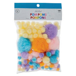 John Bead Pom Poms Assorted Mix - Pkg of 100, Pastel Mix front of packaging