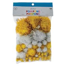 John Bead Pom Poms Assorted Mix - Pkg of 100, Glitter Gold and Silver Mix front of packaging