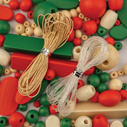 John Bead Wood Craft Beads - Dark Green, Red and Natural, 90 g Bag showing included nylon cords