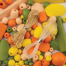 John Bead Wood Craft Beads - Orange, Green, Yellow and Light Peach, 90 g Bag showing included nylon cords
