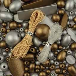 John Bead Wood Craft Beads - Silver and Gold, 90 g Bag showing included nylon cords