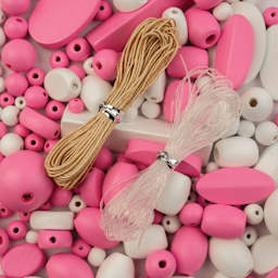 John Bead Wood Craft Beads - Pink and White, 90 g Bag showing included nylon cords