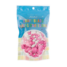 John Bead Wood Craft Beads - Pink and White, 90 g Bag front of packaging