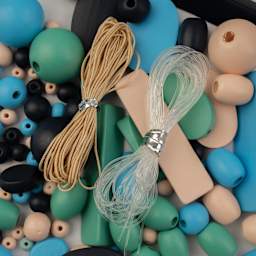 John Bead Wood Craft Beads - Blue, Light Blue, Natural and Green, 90 g Bag showing included nylon cord