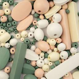 John Bead Wood Craft Beads - White, Cream, Light Peach, and Green, 90 g Bag