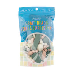John Bead Wood Craft Beads - White, Cream, Light Peach, and Green, 90 g Bag front of packaging