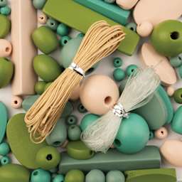 John Bead Wood Craft Beads - Dark Green, Light Peach, Gray, and Green, 90 g Bag showing included nylon cords