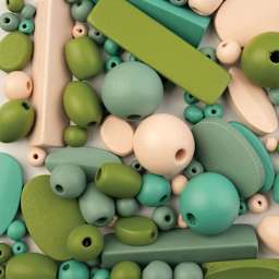 John Bead Wood Craft Beads - Dark Green, Light Peach, Gray, and Green, 90 g Bag